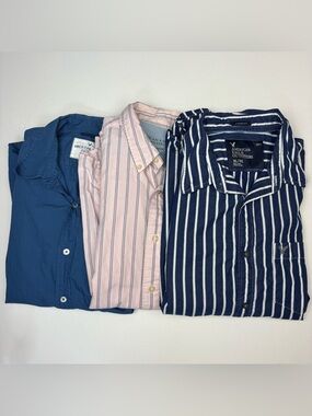 American Eagle Men XL Shirt Lot of 3 Stripe Solid Long Sleeve Blue White Pink